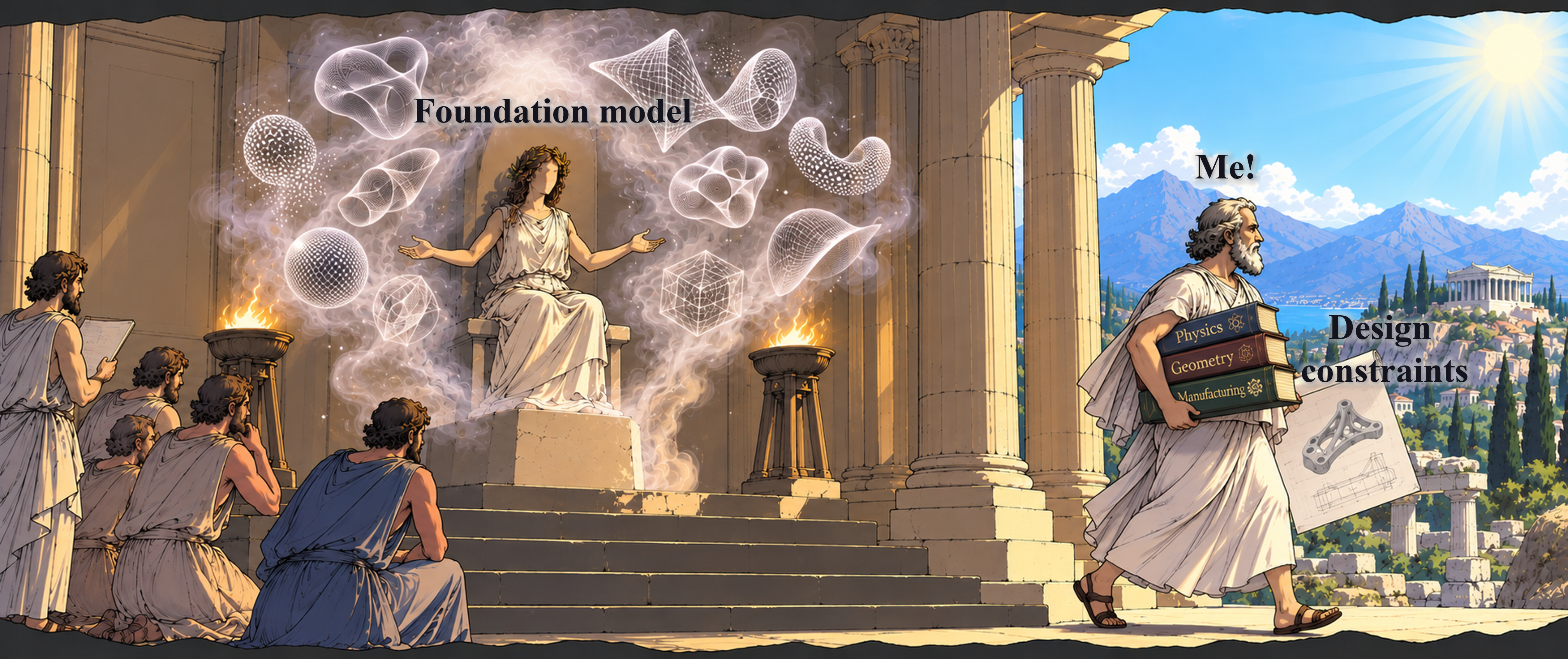 A researcher, carrying domain constraints (physics, geometry, manufacturing), approaching a Foundation Model that generates candidate forms